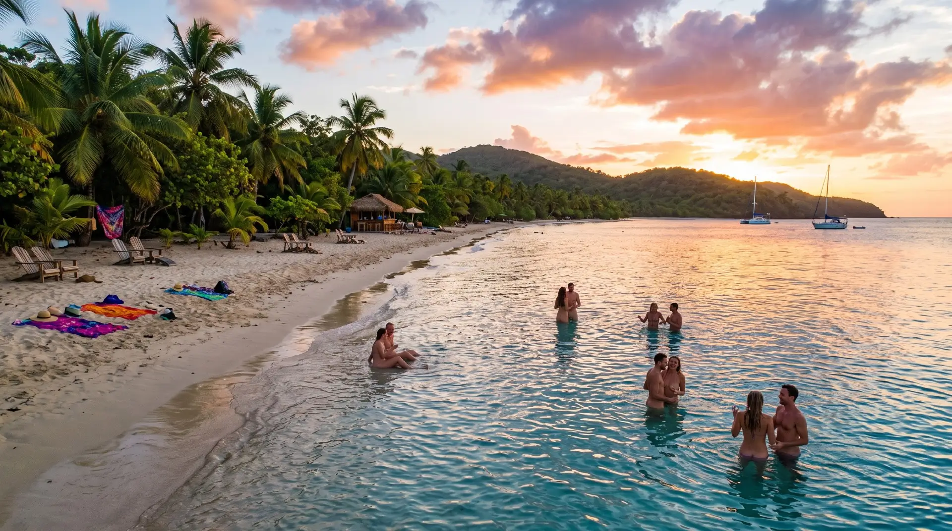 Panoramic sunset view of a tropical coastline and a lively sex beach party with couples wading in the ocean.
